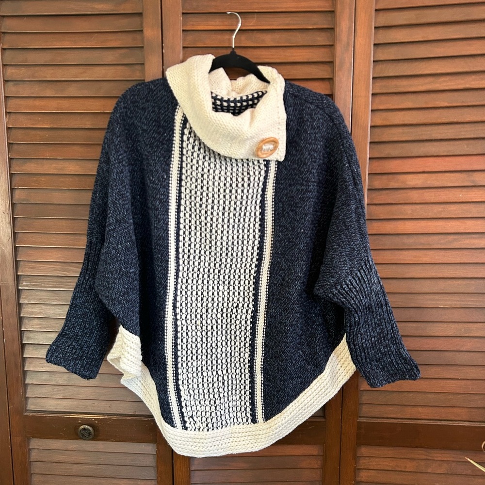 Navy and Cream Women's Sweater